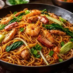 En stor portion chow mein med räkor, fläsk och grönsaker i en wok.