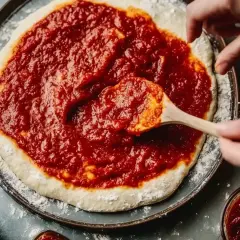 Händer sprider en generös mängd tomatsås till pizza på en pizzabotten med en träsked.