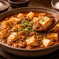 En skål med mapo tofu, en kryddig sichuansk rätt med tofu och köttfärs, garnerad med salladslök. En träsked lyfter upp en bit tofu.