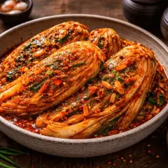 Hela kålar täckta med kryddig röd sås, en aptitretande koreansk mat.
