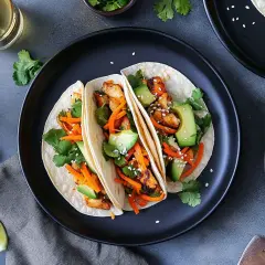 Tre läckra asiatiska tacos med kyckling, avokado, strimlad morot och koriander på en svart tallrik.