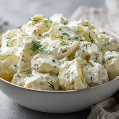 En skål med krämig potatissallad, toppad med dill och peppar. Den här ser ut att vara den godaste potatissalladen någonsin!