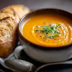 En krämig morotssoppa med färska örter och en bit bröd. Perfekt för ett enkelt morotssoppa recept.