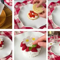 Steg för steg hur man gör en enkel tårta med jordgubbar och blomsterdekorationer.