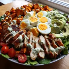 Enkel sallad med grillad kyckling, kokta ägg, sötpotatis, avokado och körsbärstomater, toppad med en krämig dressing.