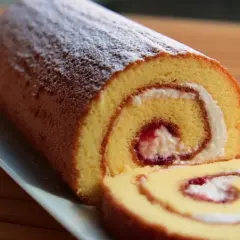 En saftig glutenfri rulltårta med vispgrädde och sylt, pudrad med florsocker.