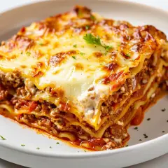 En saftig bit lasagne med lager av köttfärssås och krämig ostsås, toppad med gyllene ost.