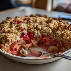 En saftig jordgubbspaj med smuldeg, perfekt för ett somrigt jordgubbspaj recept. En sked är redan i pajen, redo att avnjutas.