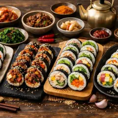 En generös uppsättning vegetarisk sushi med olika fyllningar, serverad med kimchi och andra tillbehör.