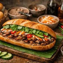 En saftig banh mi med grillat kött, färska grönsaker och koriander på en bananlöv. Tillbehör som chili, lime och sås syns i bakgrunden.