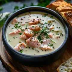 En krämig, sååå god fisksoppa med laxbitar, dill och kapris, serverad med nybakat bröd.