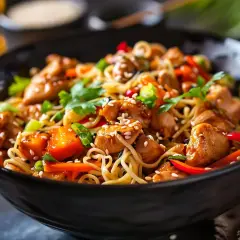 En läcker kyckling wok med nudlar, grönsaker och sesamfrön i en svart skål.