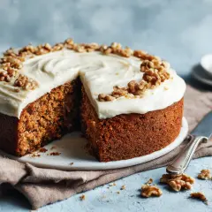 En saftig morotskaka med krämig frosting och valnötter. Perfekt för en nyttig fika.