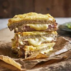 En stapel gyllene, smältande grilled cheese-mackor med skinka, serverade på brunt papper.