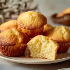 En hög med fluffiga muffins, ett perfekt muffins recept. En är delad och visar en mjuk insida.