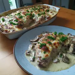 En krämig grekisk pyttipanna med svamp och gratinerad ost, toppad med persilja. Serveras i en ugnsform och på en tallrik.