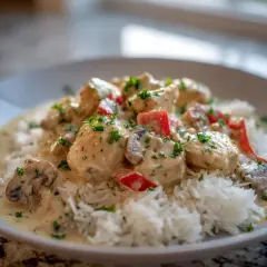 En krämig chicken a la king med ris, toppad med persilja och bitar av röd paprika.