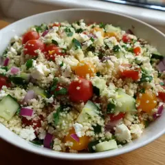 En fräsch couscous sallad med körsbärstomater, gurka, rödlök och fetaost. Perfekt sommarbuffé.