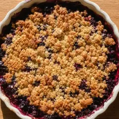 En härlig glutenfri smulpaj med blåbär, bakad i en vit pajform på ett träbord.