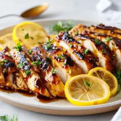 Saftig, glaserad kyckling, skivad och garnerad med citron och persilja. Ett perfekt kyckling recept för middagen.