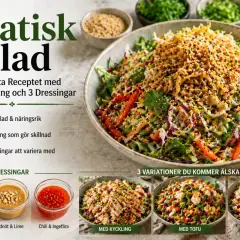 En fräsch, färgglad asiatisk sallad med krispig topping och tre olika dressingar: soja & sesam, jordnöt & lime, samt chili & ingefära.