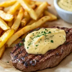 Grillad biff med krispiga pommes frites och en krämig, enkel bearnaisesås.