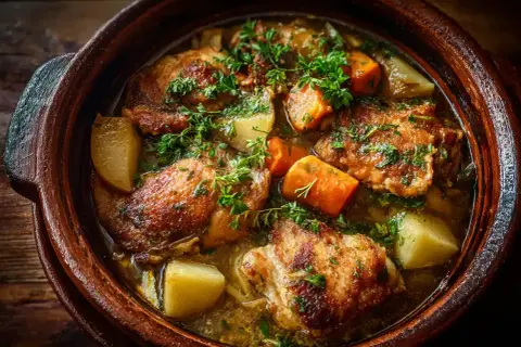 En mustig kyckling i lergryta med potatis och morötter, toppad med färska örter. En härlig doft sprider sig från den varma grytan.
