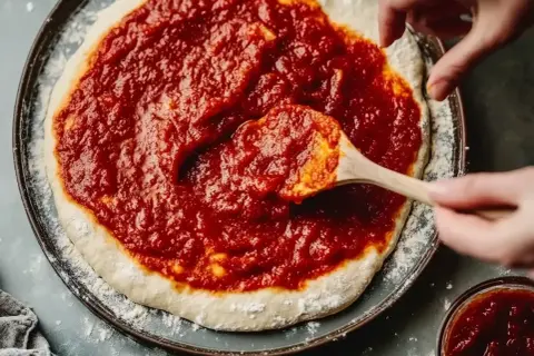 Händer sprider en generös mängd tomatsås till pizza på en pizzabotten med en träsked.