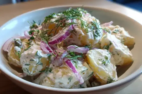 En krämig kall potatissallad med dill, rödlök och kapris. Perfekt till grillat eller som en del av en buffé.