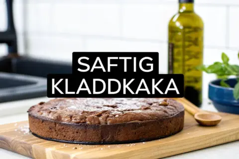 Saftig kladdkaka med olja, redo att avnjutas. En träsked ligger bredvid.