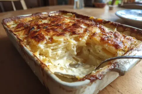 En krämig vegetarisk Janssons frestelse i en ugnsform, gyllene och bubblande. Perfekt för en mysig middag.