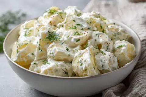 En skål med krämig potatissallad, toppad med dill och peppar. Den här ser ut att vara den godaste potatissalladen någonsin!
