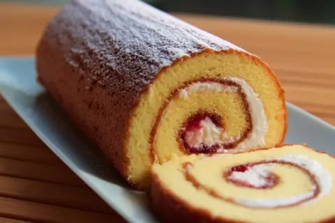 En saftig glutenfri rulltårta med vispgrädde och sylt, pudrad med florsocker.