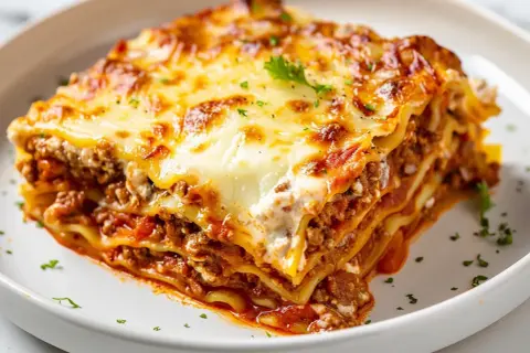 En saftig bit lasagne med lager av köttfärssås och krämig ostsås, toppad med gyllene ost.