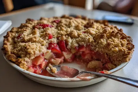 En saftig jordgubbspaj med smuldeg, perfekt för ett somrigt jordgubbspaj recept. En sked är redan i pajen, redo att avnjutas.