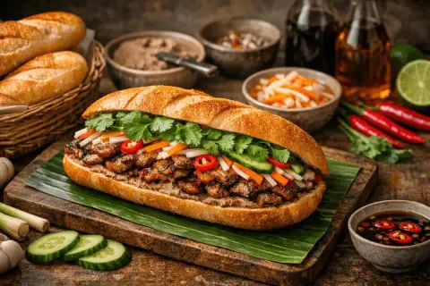 En saftig banh mi med grillat kött, färska grönsaker och koriander på en bananlöv. Tillbehör som chili, lime och sås syns i bakgrunden.
