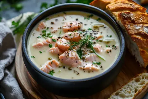 En krämig, sååå god fisksoppa med laxbitar, dill och kapris, serverad med nybakat bröd.