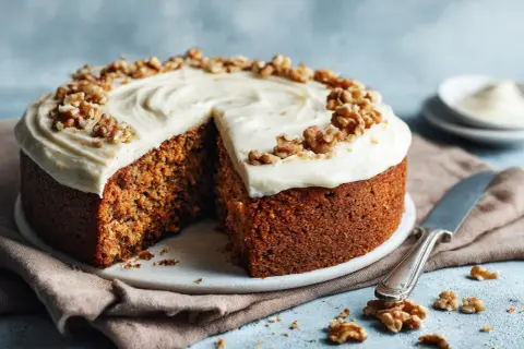 En saftig morotskaka med krämig frosting och valnötter. Perfekt för en nyttig fika.
