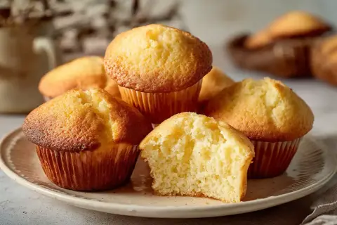 En hög med fluffiga muffins, ett perfekt muffins recept. En är delad och visar en mjuk insida.