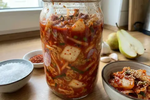En stor burk med fermenterad kål, perfekt för ditt kimchi recept. Bredvid syns ingredienser som salt, chiliflakes och päron.
