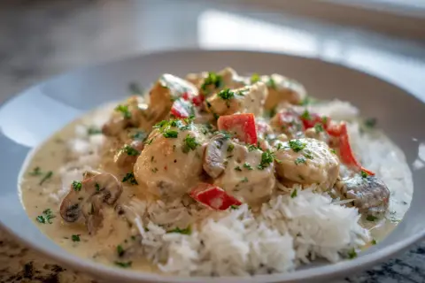 En krämig chicken a la king med ris, toppad med persilja och bitar av röd paprika.