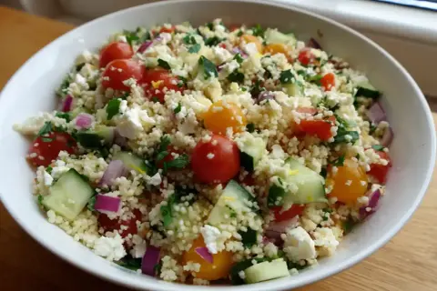 En fräsch couscous sallad med körsbärstomater, gurka, rödlök och fetaost. Perfekt sommarbuffé.