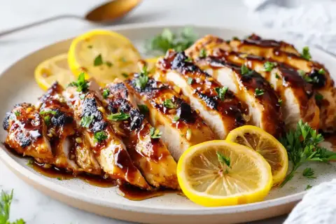 Saftig, glaserad kyckling, skivad och garnerad med citron och persilja. Ett perfekt kyckling recept för middagen.