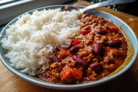 En portion chili con carne med ris, en klassisk och värmande rätt.