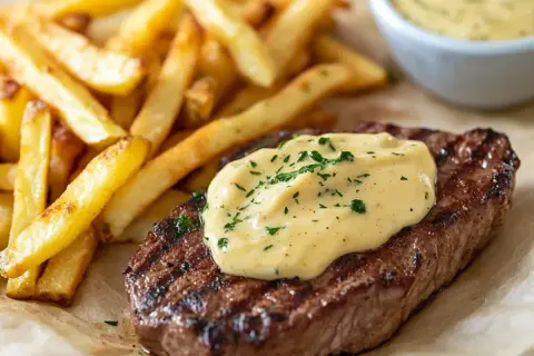 Grillad biff med krispiga pommes frites och en krämig, enkel bearnaisesås.