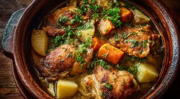 En mustig kyckling i lergryta med potatis och morötter, toppad med färska örter. En härlig doft sprider sig från den varma grytan.