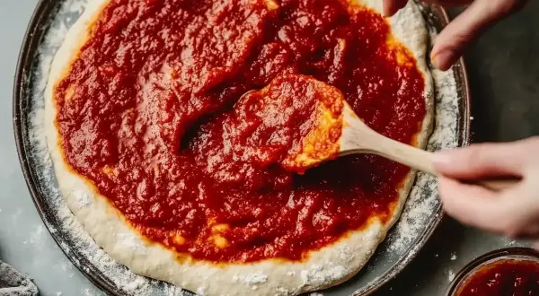 Händer sprider en generös mängd tomatsås till pizza på en pizzabotten med en träsked.