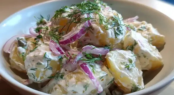 En krämig kall potatissallad med dill, rödlök och kapris. Perfekt till grillat eller som en del av en buffé.