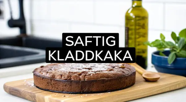 Saftig kladdkaka med olja, redo att avnjutas. En träsked ligger bredvid.