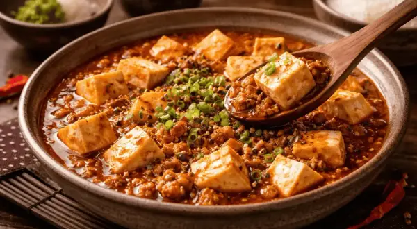 En skål med mapo tofu, en kryddig sichuansk rätt med tofu och köttfärs, garnerad med salladslök. En träsked lyfter upp en bit tofu.